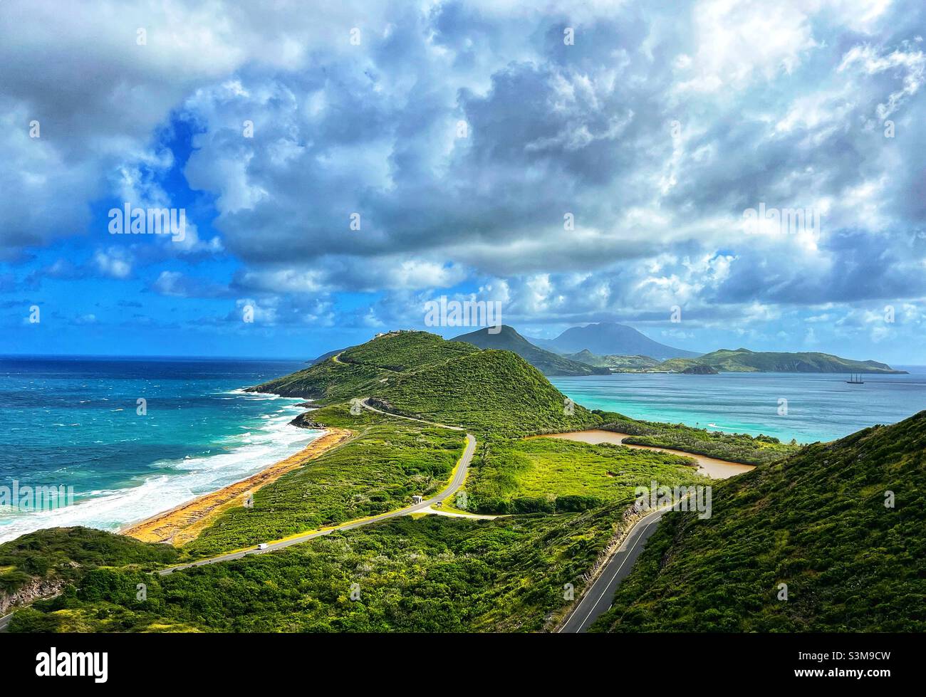 Timothy Hill On St.Kitts, Atlantic Ocean on The Left, Caribbean Sea on the Right - Smartphone Captured Stock Image