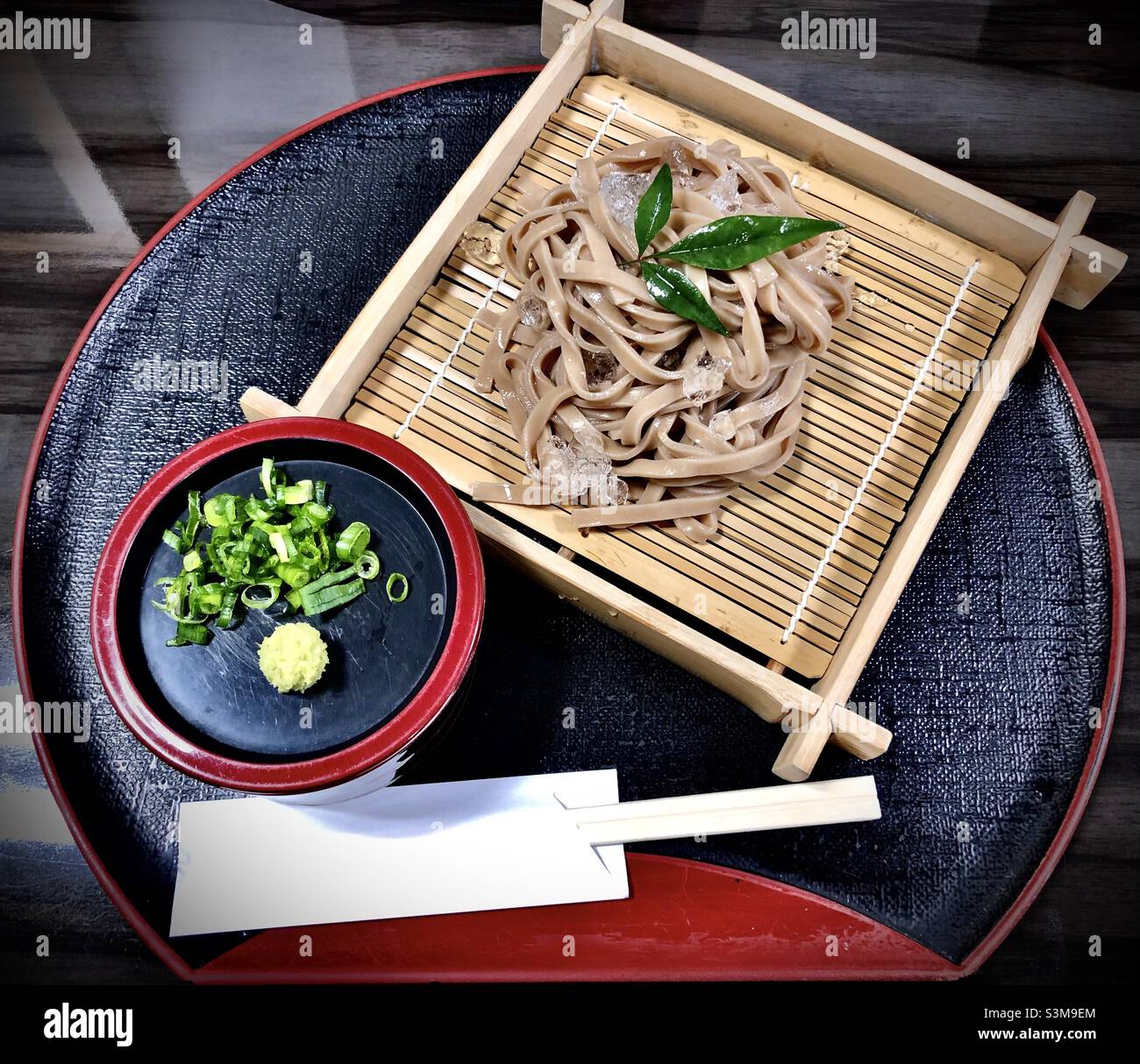 Japanese zaru soba noodles, Japanese noodles served cold on a bamboo