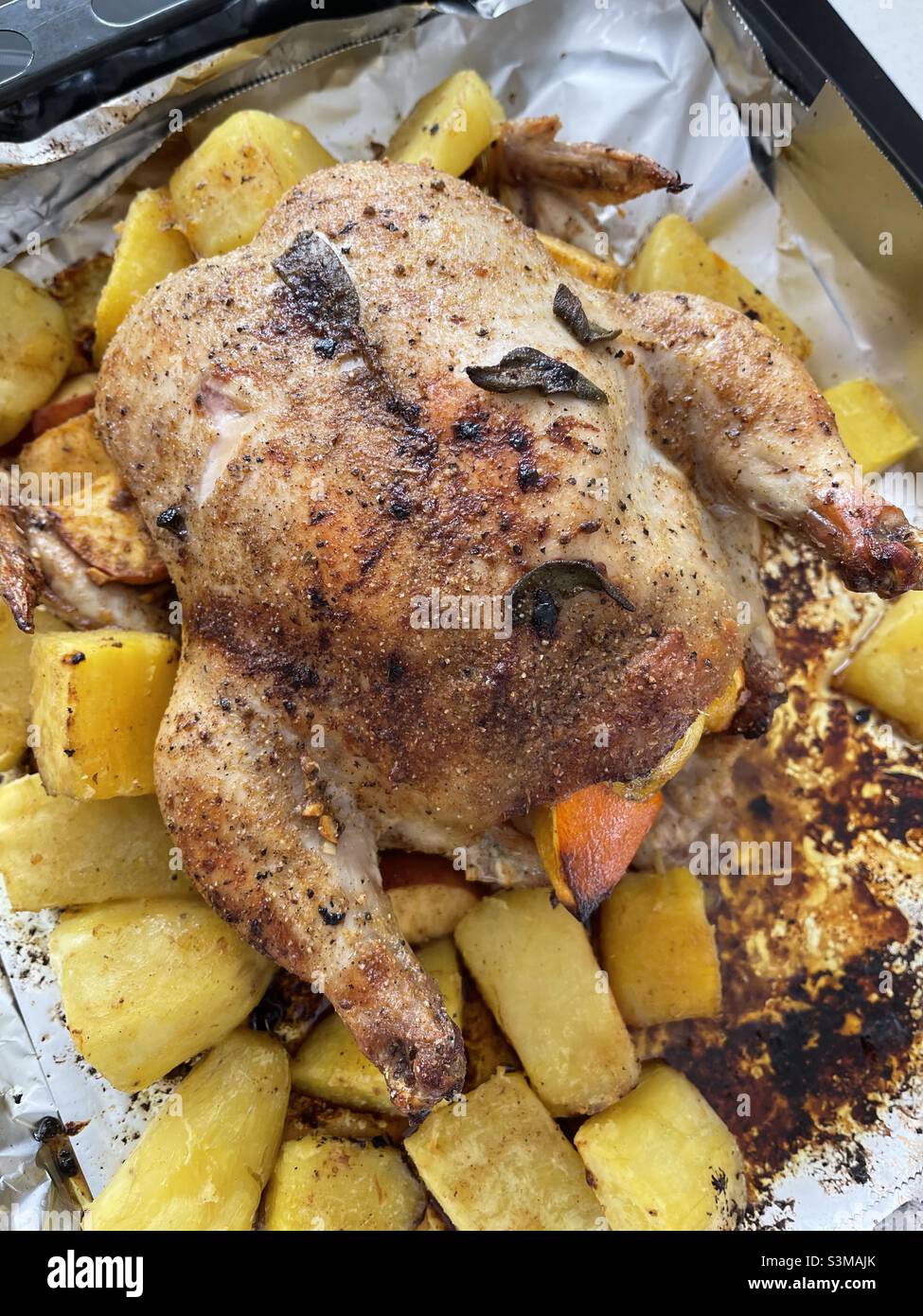 Roast chicken and potatoes Stock Photo