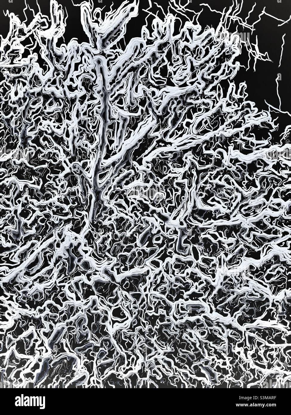 A snow-covered locust tree in Utah, USA has been digitally altered via the IOS app Glaze, creating this stark, highly detailed abstract. - Smartphone Captured Stock Image