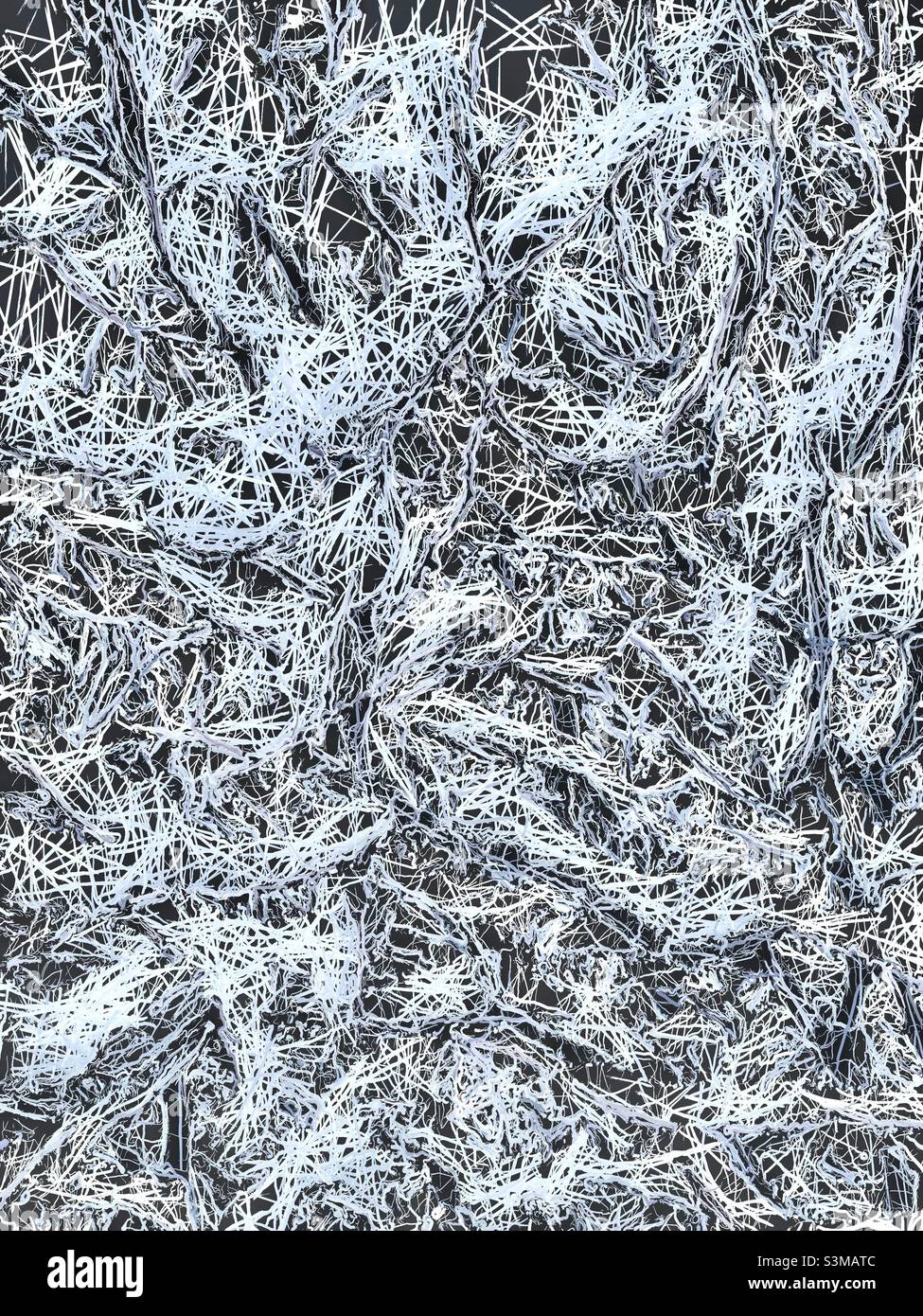 A snow-covered locust tree in a front yard in Utah, USA has been digitally altered using the IOS app Glaze, creating a highly detailed lined outline of the snowy tree branches. - Smartphone Captured Stock Image