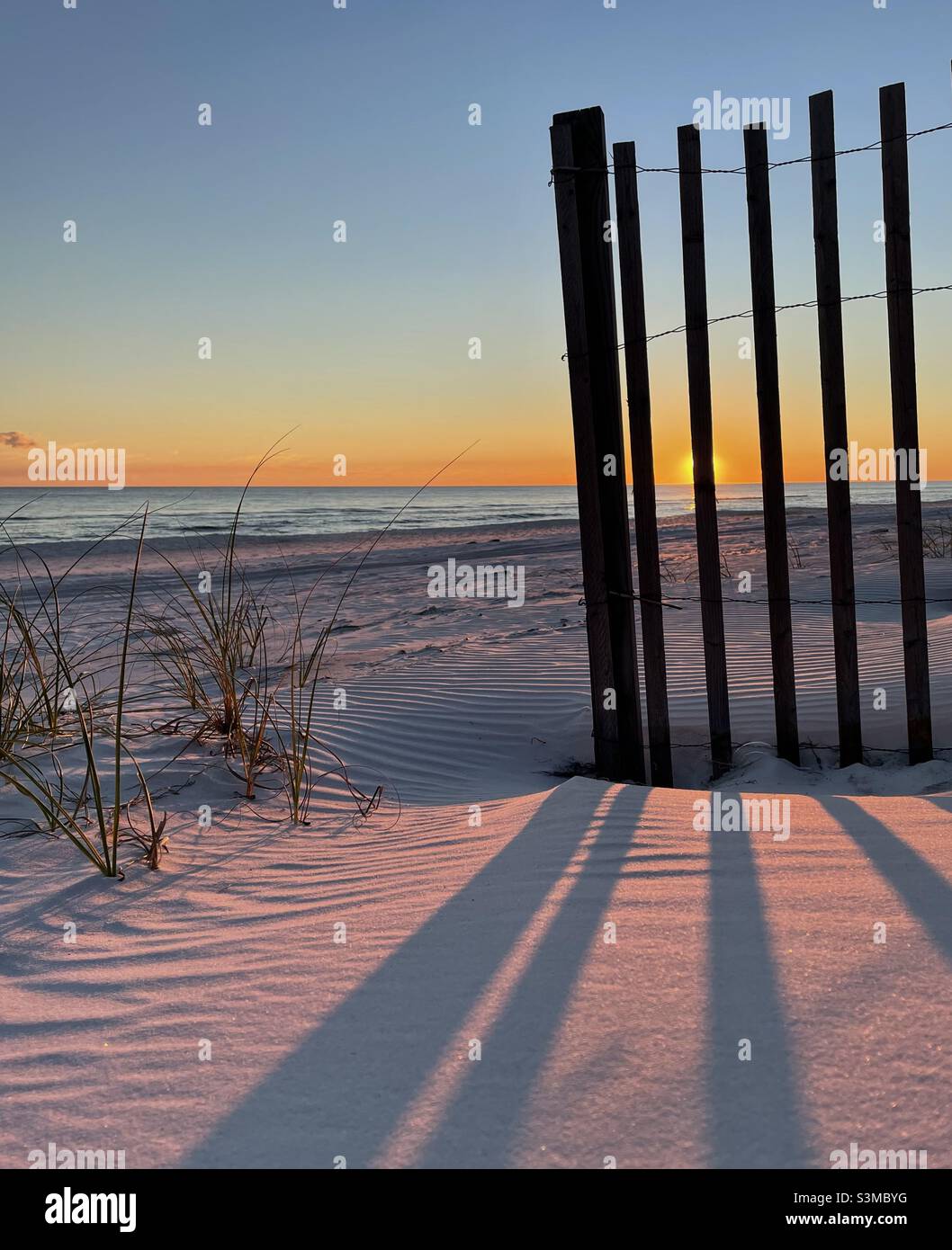 Sunset with dune fence and shadows on Florida white sand beach - Smartphone Captured Stock Image
