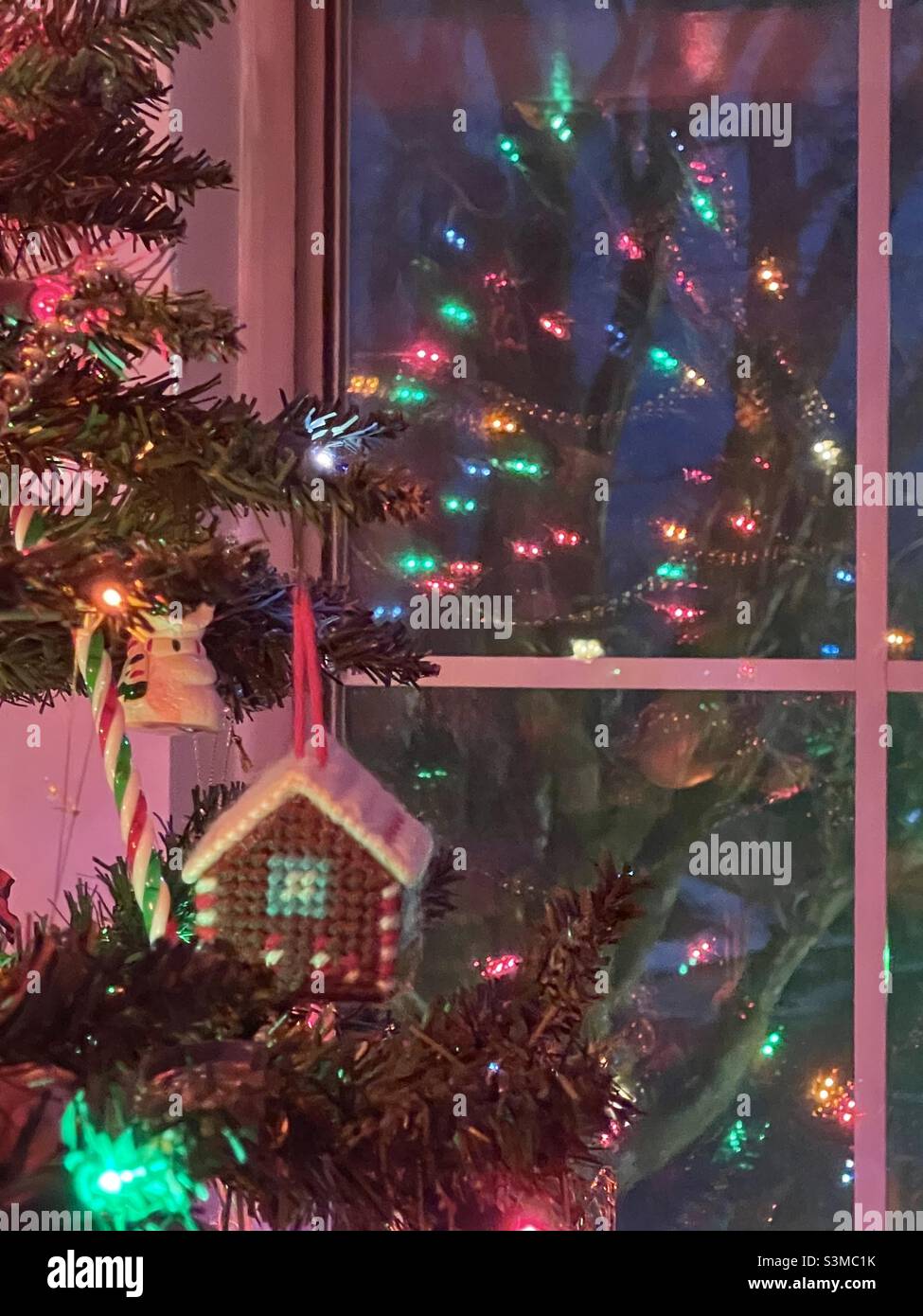 A home’s decorated and lighted Christmas tree is seen reflected in the window glass after dark in Utah, USA. - Smartphone Captured Stock Image