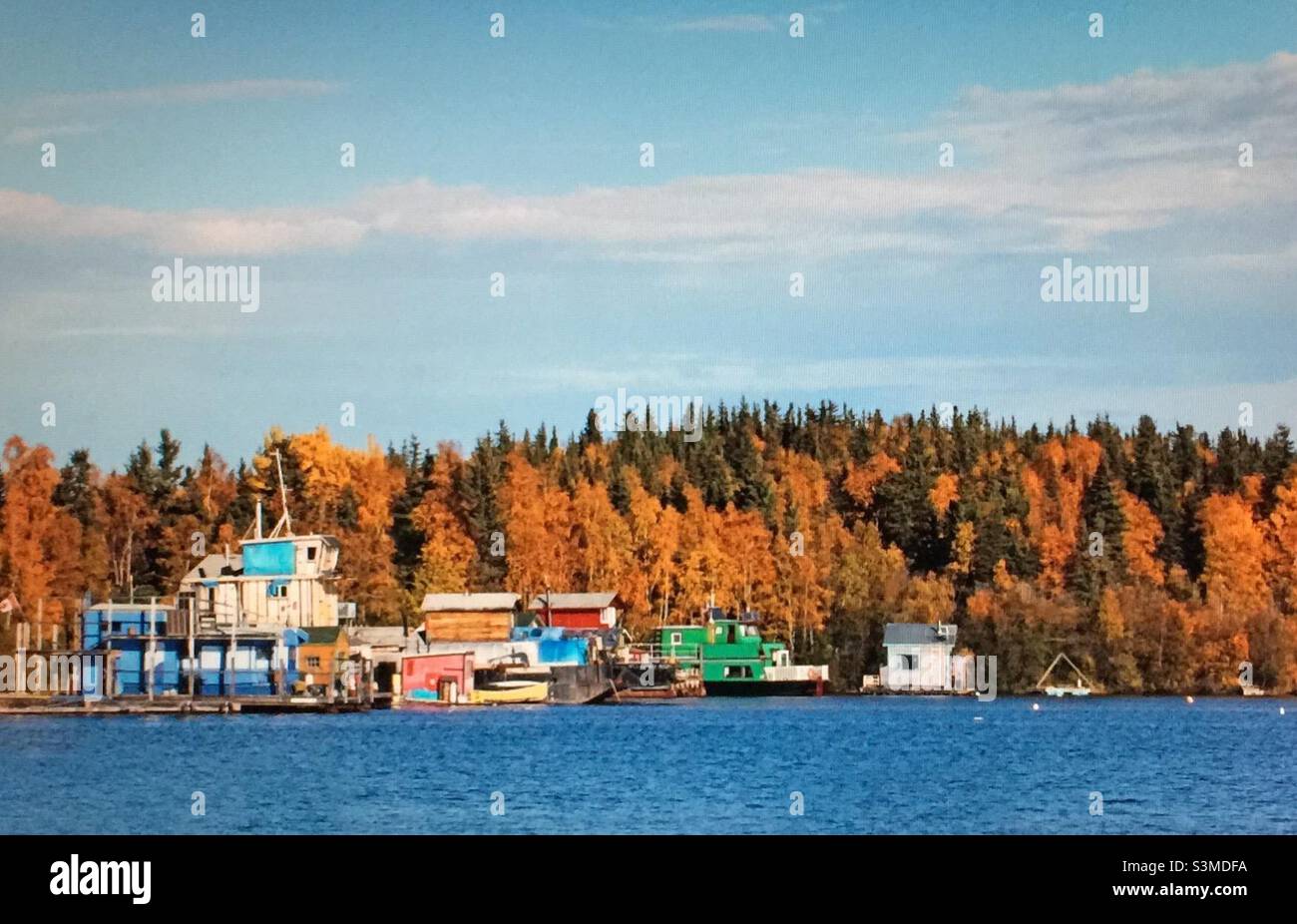 Floating summer cabin, autumn colours, fall, forest, lakeside