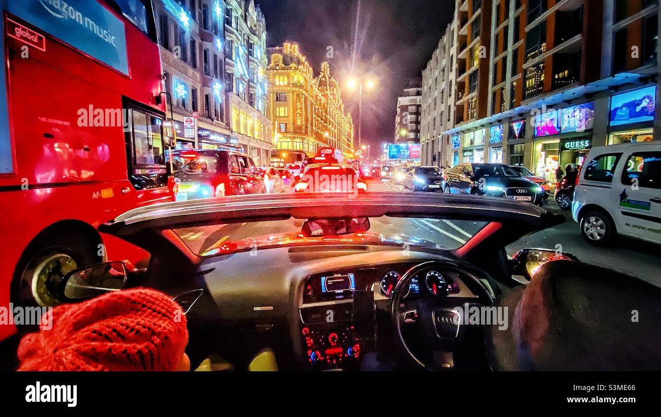 Top down, nighttime driving down Brompton road. - Smartphone Captured Stock Image