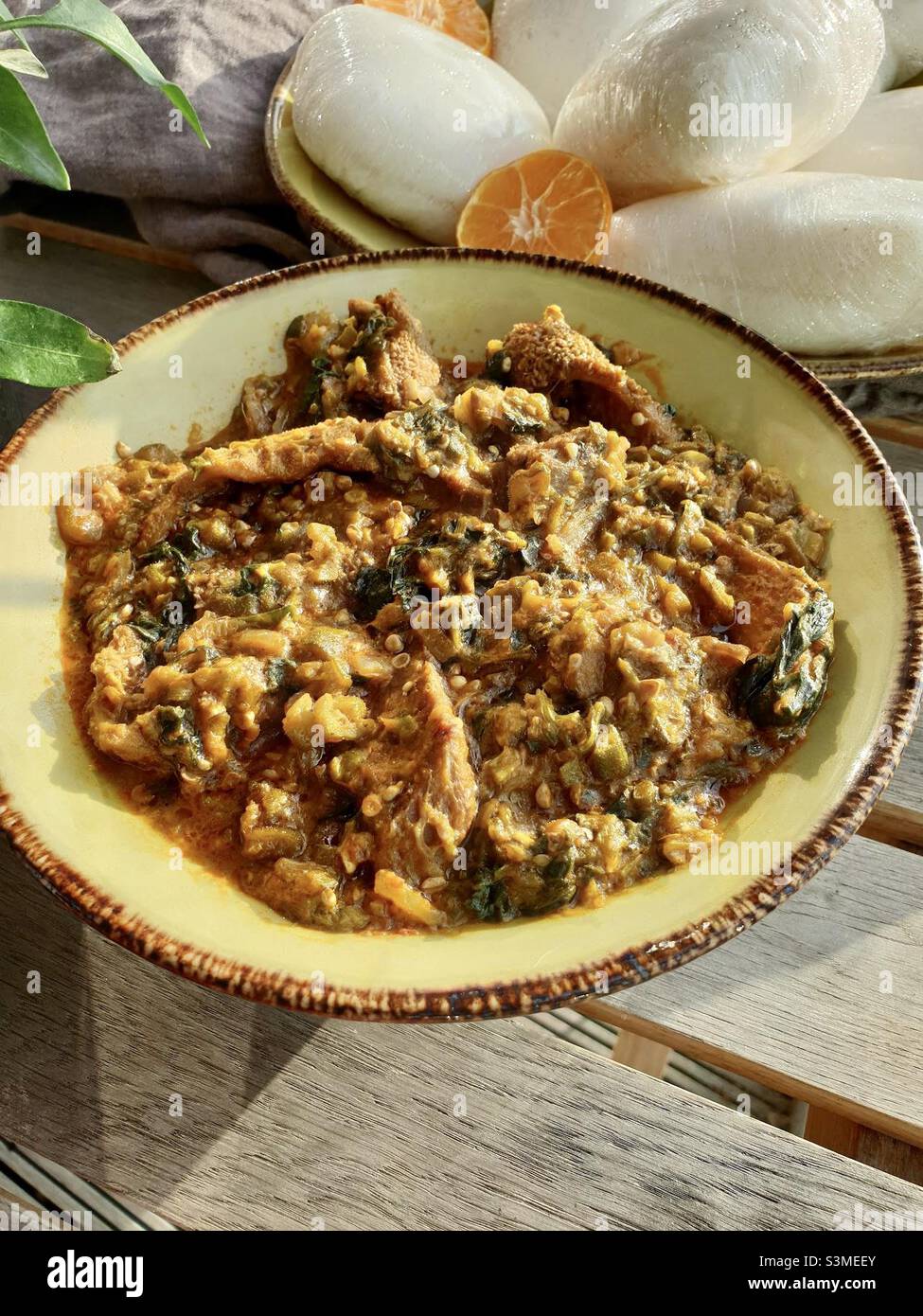 Assorted meat okra and spinach stew, okro stew, okra stew Stock Photo