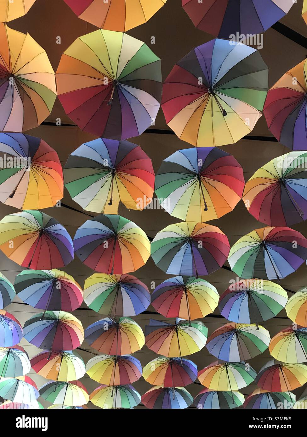 Umbrella sky a rooftop covered with colorful umbrellas Stock Photo Alamy