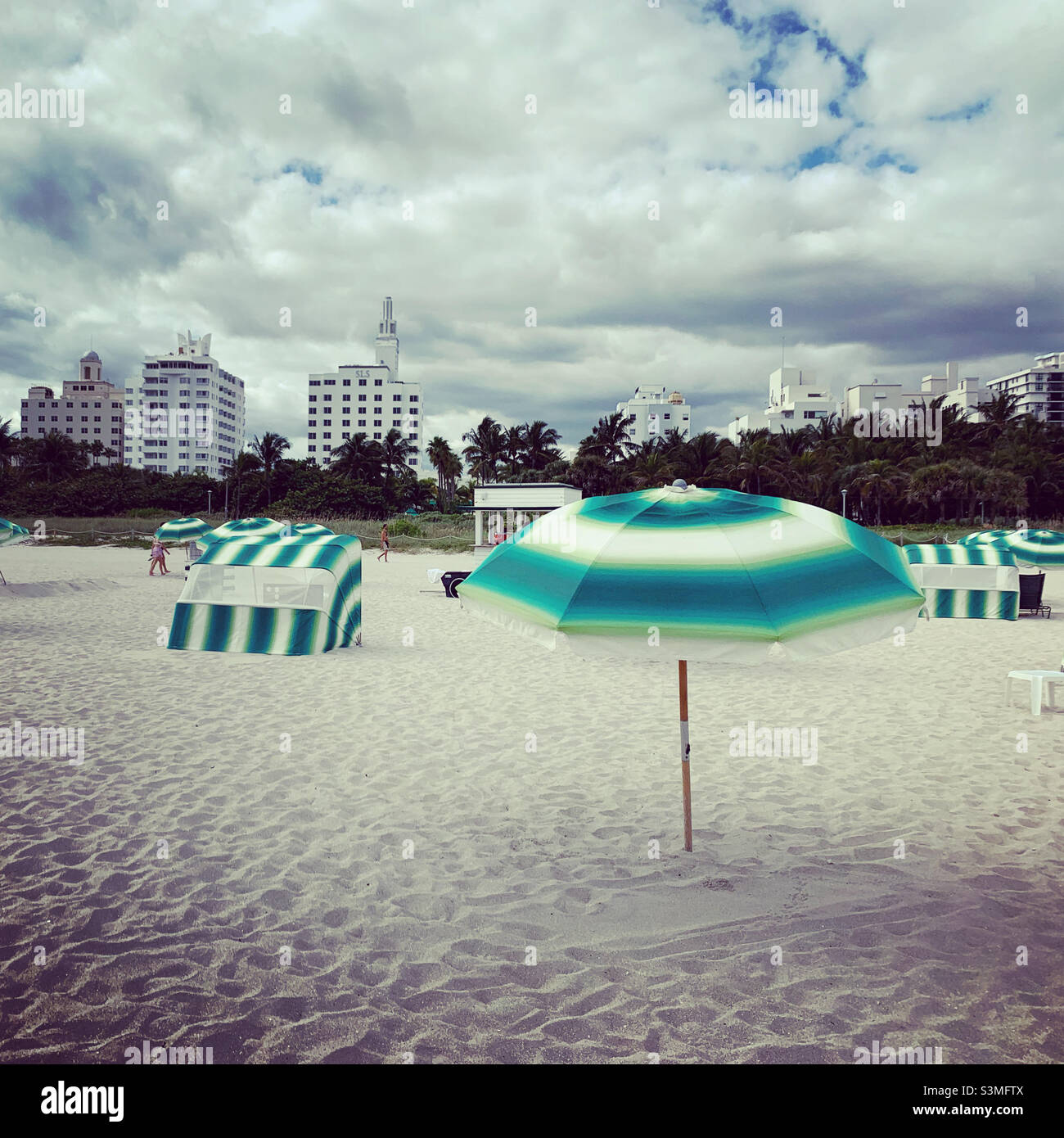 December, 2021, Umbrella on the beach, South Beach, Miami Beach, Florida, United States, North America - Smartphone Captured Stock Image