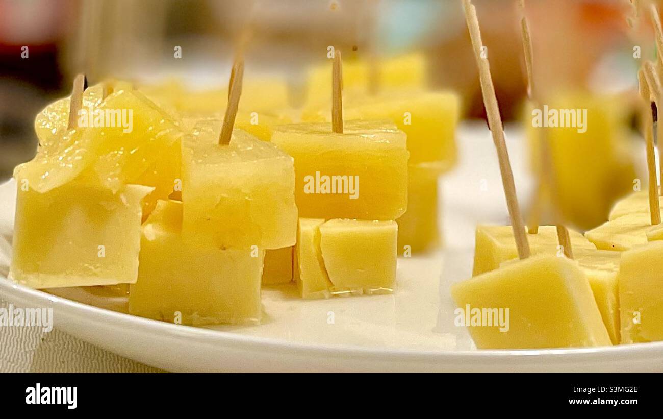 Cheese and pineapple on sticks Stock Photo Alamy