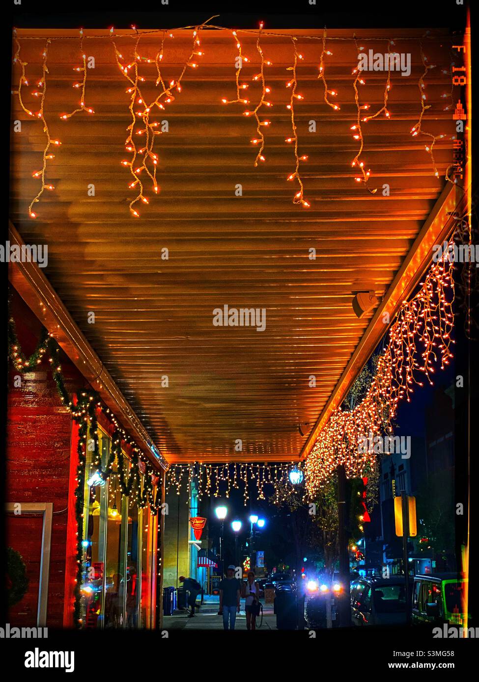 Christmas lights on an awning Stock Photo