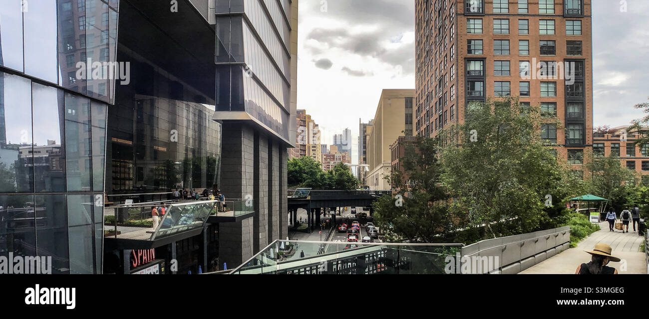 High Line promenade by West 30th Street, Mercado Little Spain food market and restaurant in the modern Hudson Yards neighborhood - Smartphone Captured Stock Image