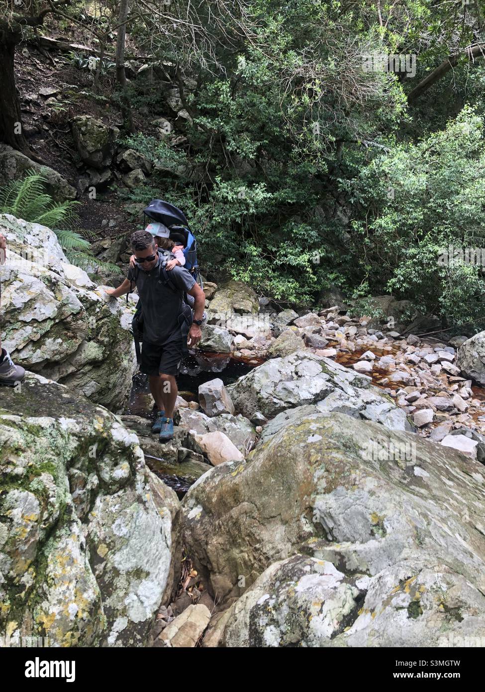 Hiking with toddler in backpack Stock Photo Alamy