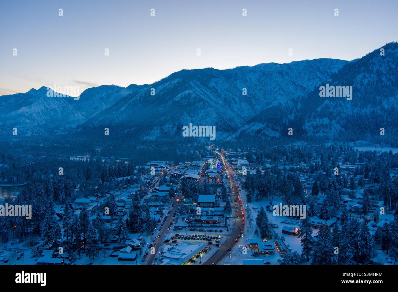 Aerial view of Leavenworth, Washington at sunset - Smartphone Captured Stock Image