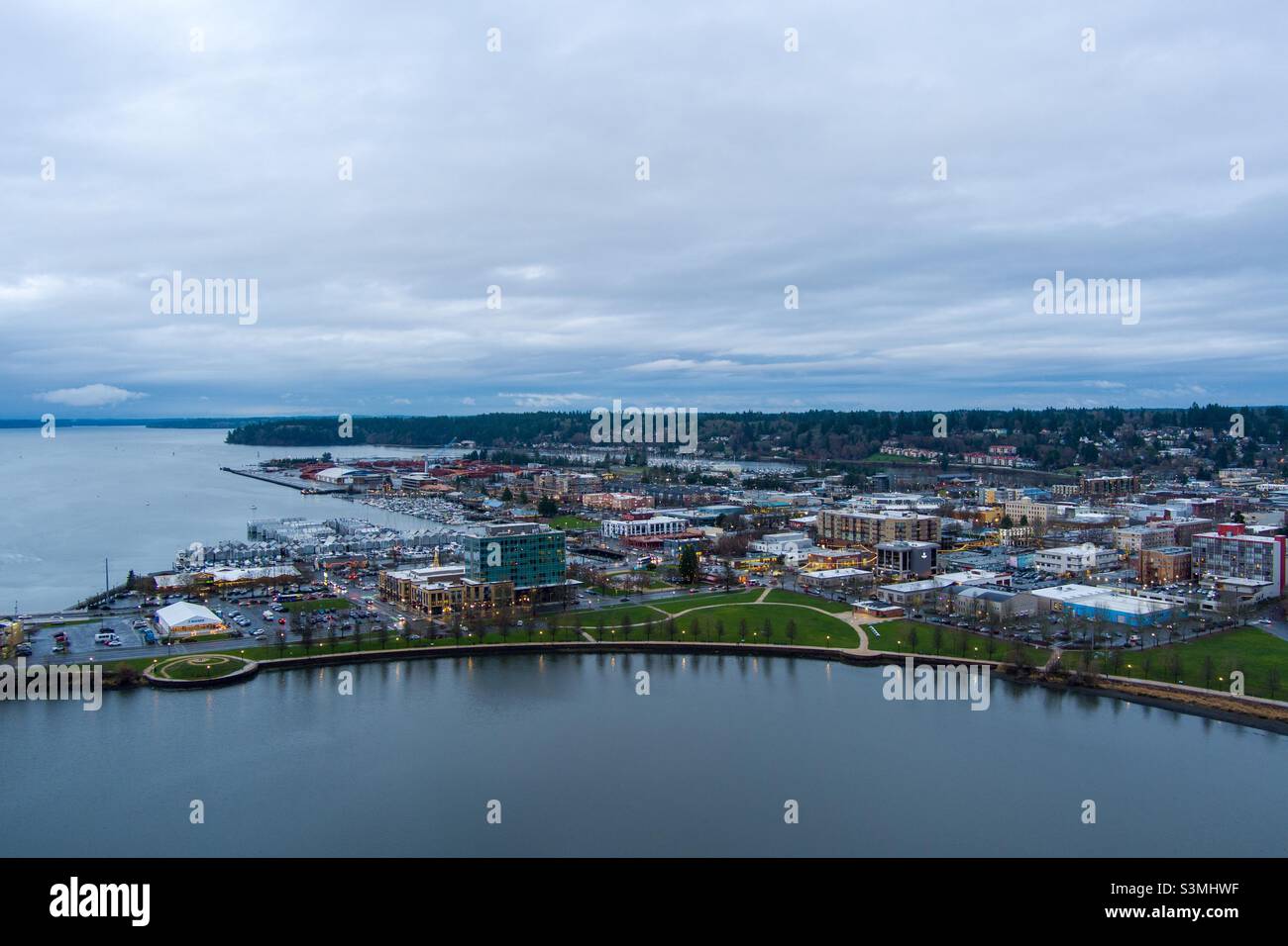 Olympia, Washington waterfront at sunset - Smartphone Captured Stock Image