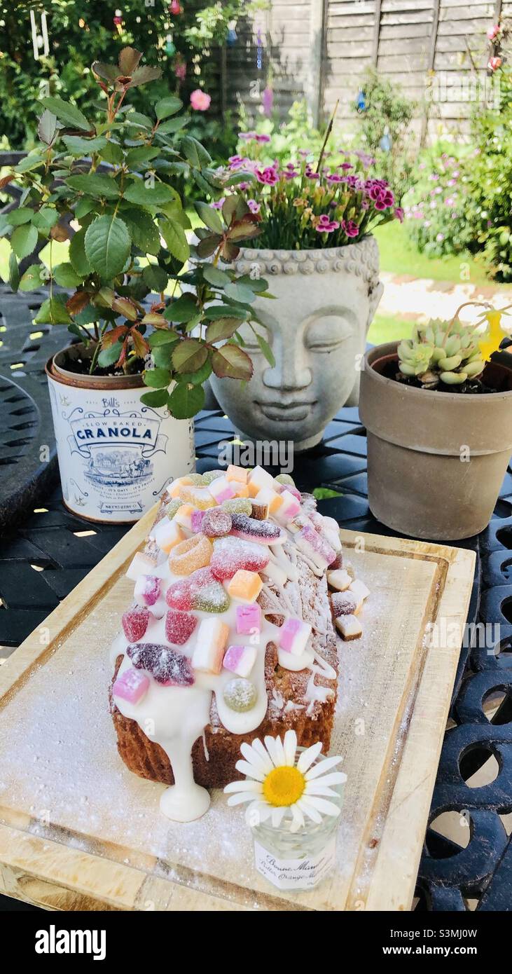 Alfresco Summer Cake flowers homemade Stock Photo