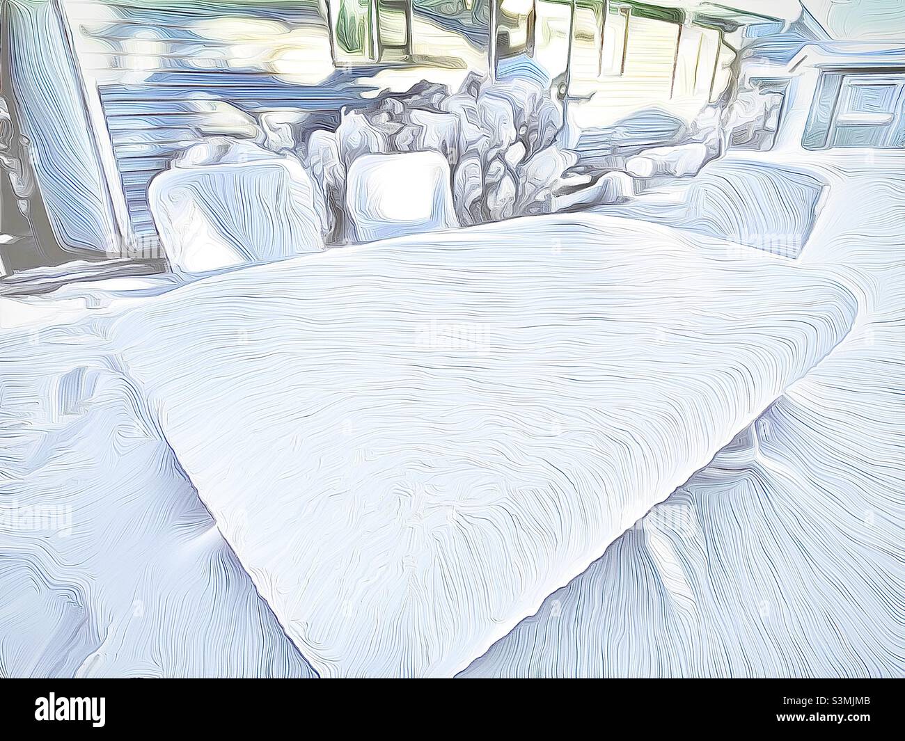 Patio table and chairs in a backyard in Utah, USA covered in deep snow in December 2021. Original photograph has been made into a painterly “oil painting” via the IOS app Brushstroke. - Smartphone Captured Stock Image