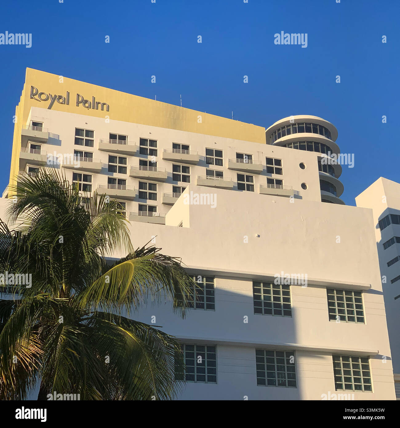 December, 2021, Royal Palm hotel and other buildings photographed from Collins Avenue, South Beach, Miami Beach, Miami-Dade County, Florida, United States, North America - Smartphone Captured Stock Image