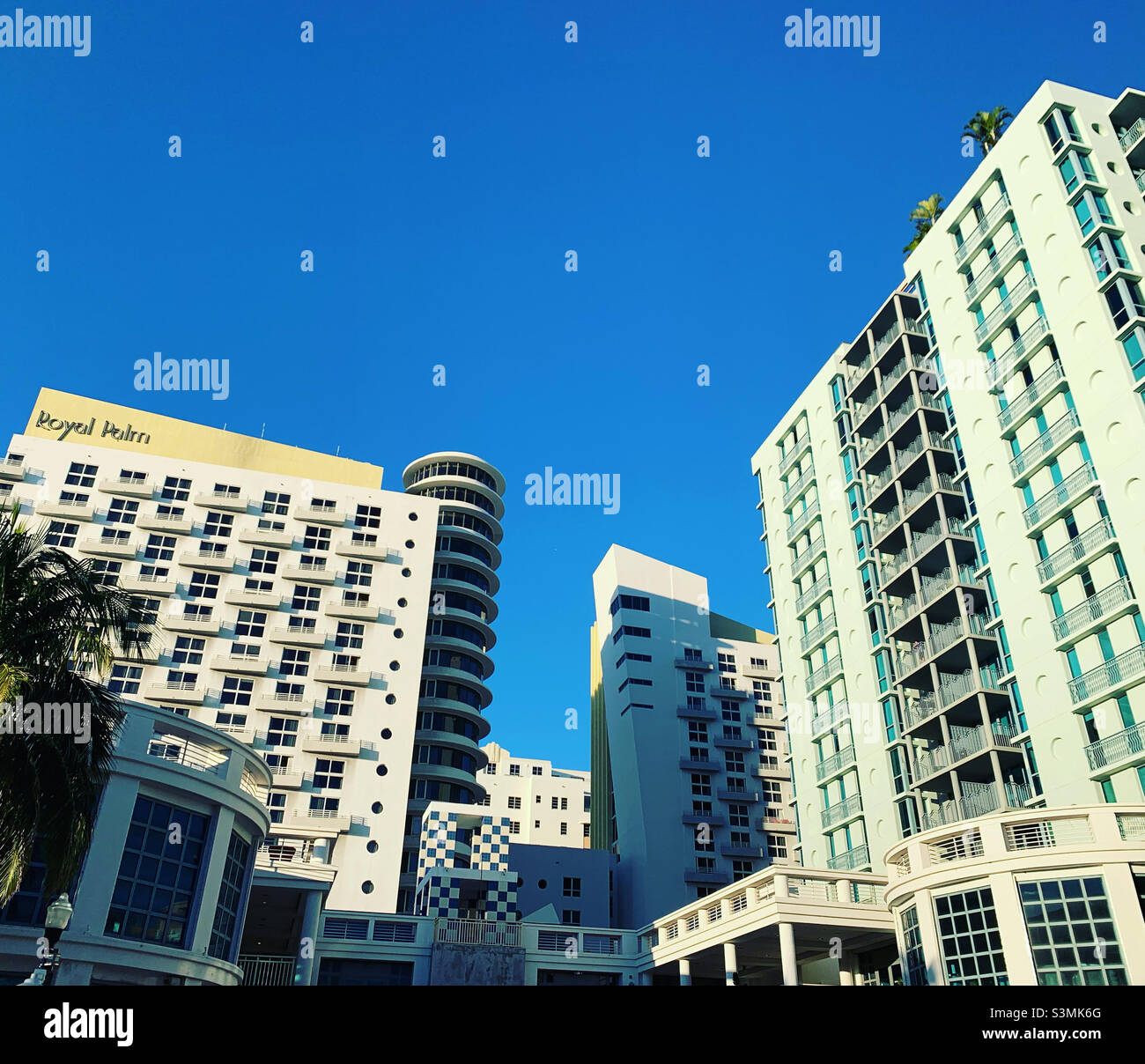 December, 2021, Royal Palm hotel and other buildings seen from Collins Avenue, South Beach, Miami Beach, Florida, Miami-Dade County, Florida, United States, North America - Smartphone Captured Stock Image