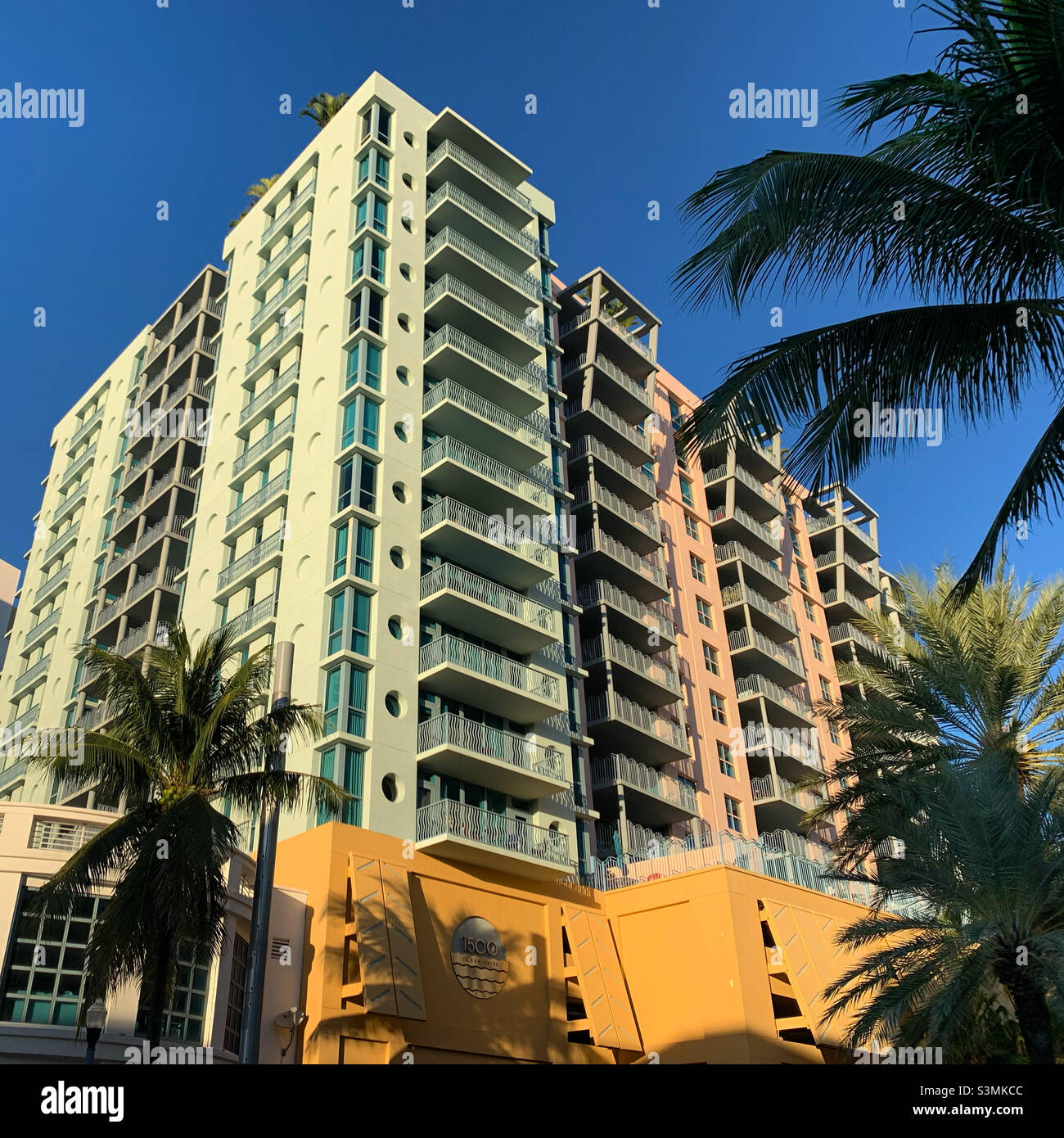 Buildings viewed from Collins Avenue, South Beach, Miami Beach, Miami-Dade County, Florida, United States, North America - Smartphone Captured Stock Image
