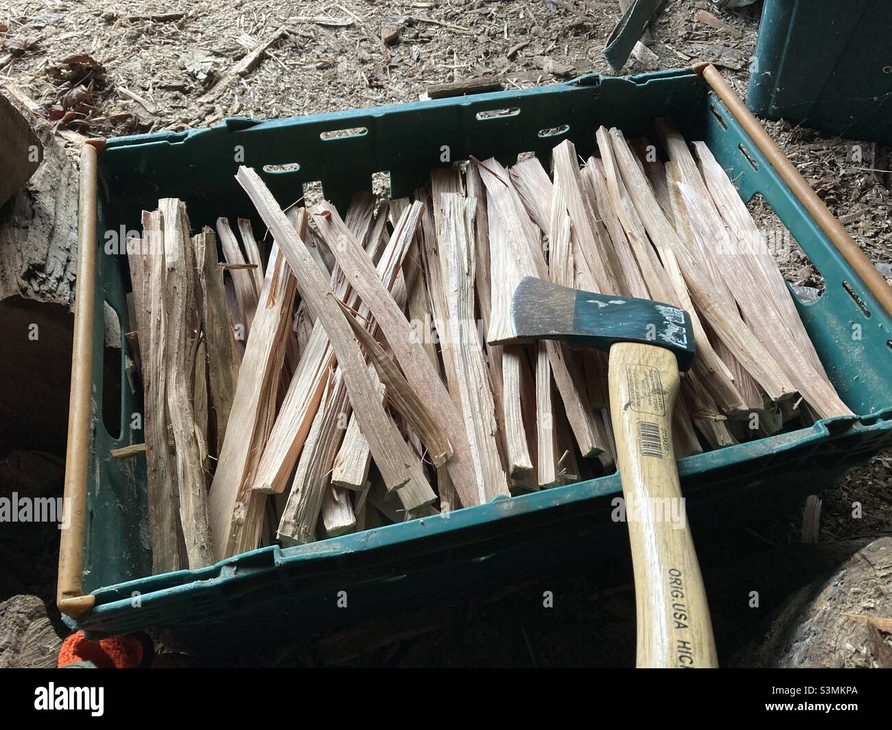 Box of kindling with axe Stock Photo Alamy