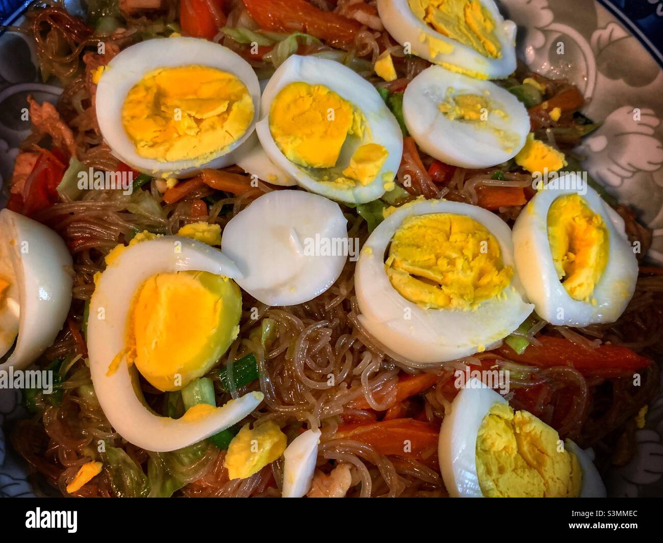 Homemade sautéed chicken vegetables noodles, toppings with slice of boiled eggs. - Smartphone Captured Stock Image