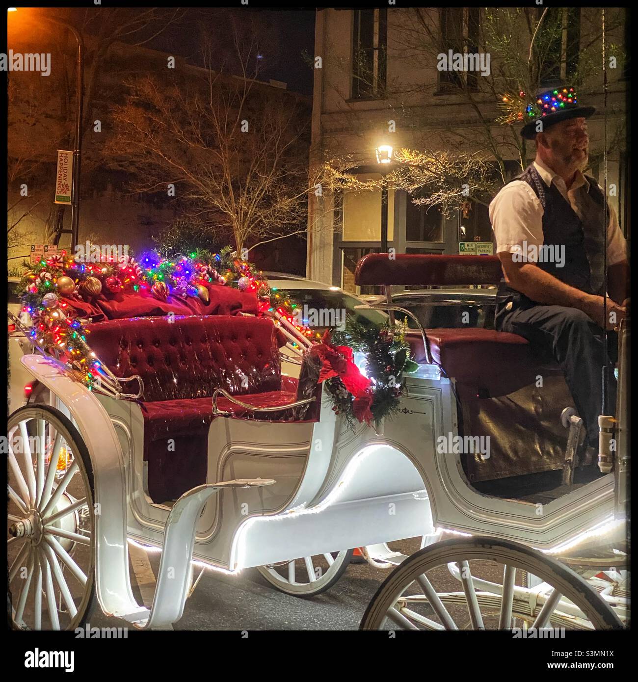 Christmas decorated horse and buggy in Greenville, SC Stock Photo