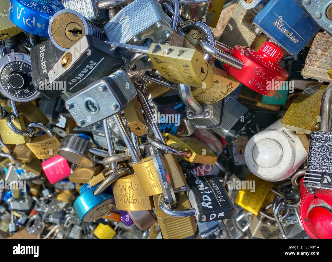 Love locks on London Bridge in Lake Havasu Arizona - Smartphone Captured Stock Image