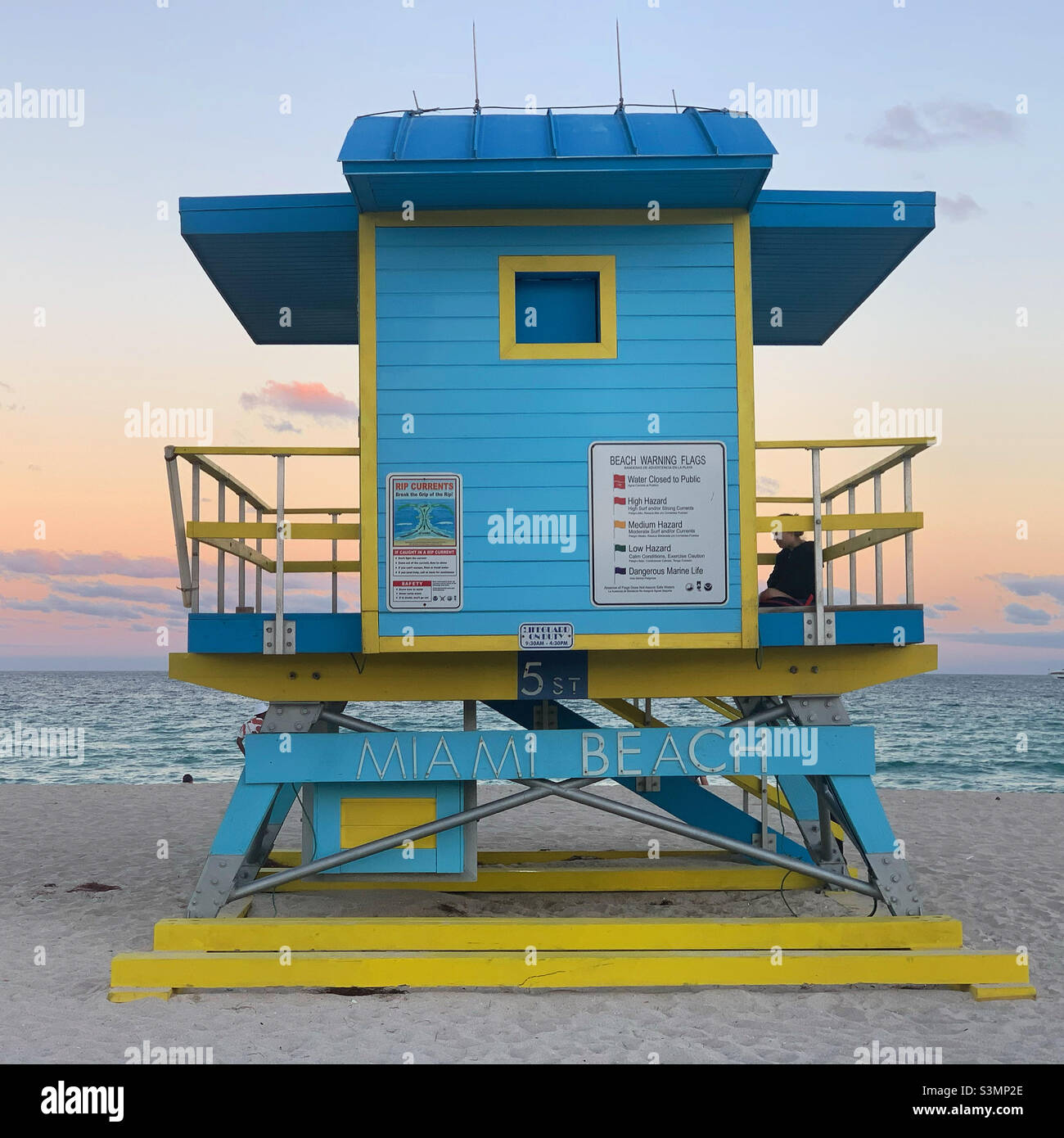 December, 2021, Sunset, Lifeguard station, Lummus Park Beach, South Beach, Miami Beach, Florida, United States, North America Stock Photo
