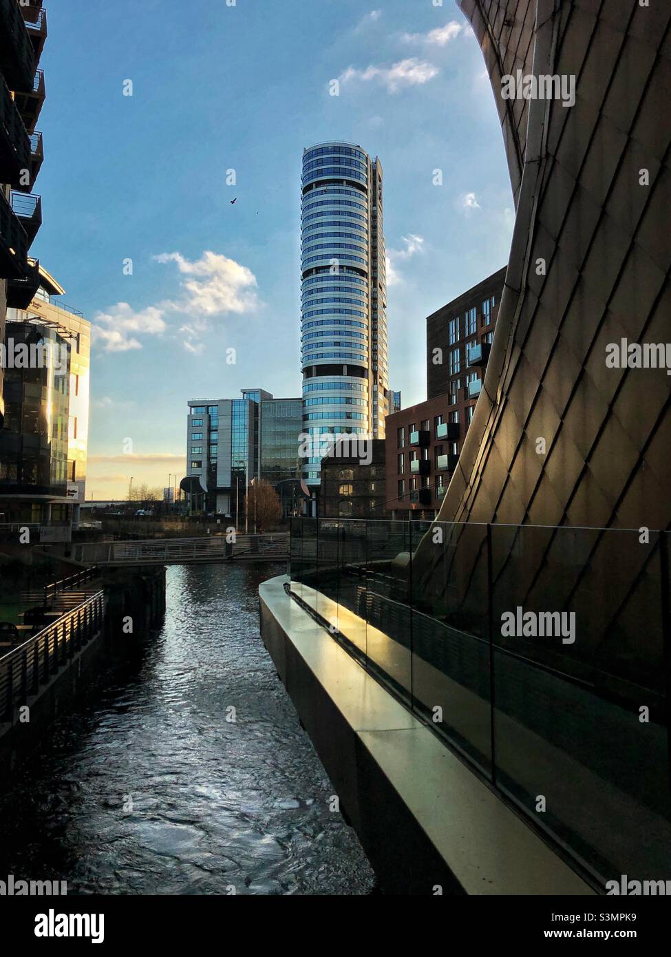Luxury waterfront properties in the city of Leeds and Granary wharf area with Bridgewater Place skyscraper in the background - Smartphone Captured Stock Image