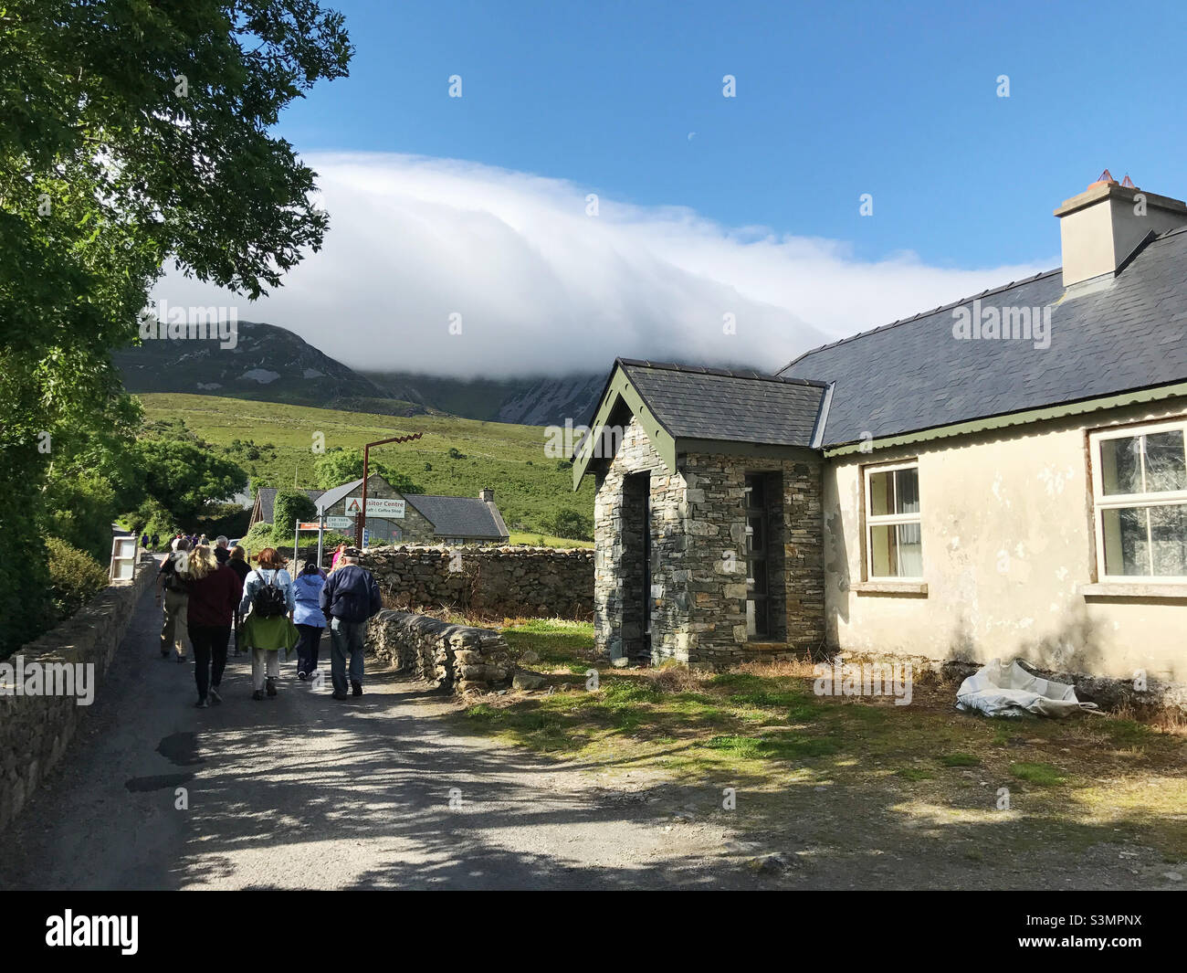 Croagh Patrick holy mountain visitor center. Tourists start their walk up this famous landmark that is nicknamed the Reek Stock Photo