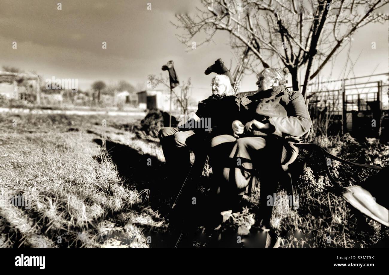 Two senior citizens relaxing at their allotment. - Smartphone Captured Stock Image