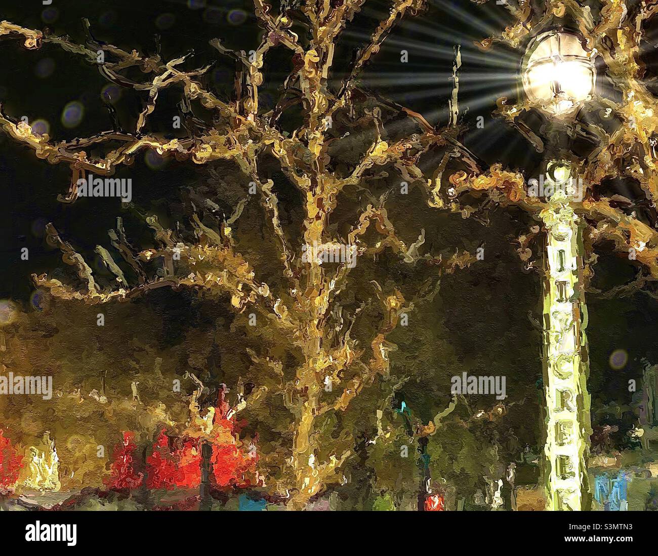 A painterly rendition of a photograph, taken at the north entrance to the City Creek Center in Salt Lake City, Utah, USA, looking northward towards Temple Square. - Smartphone Captured Stock Image
