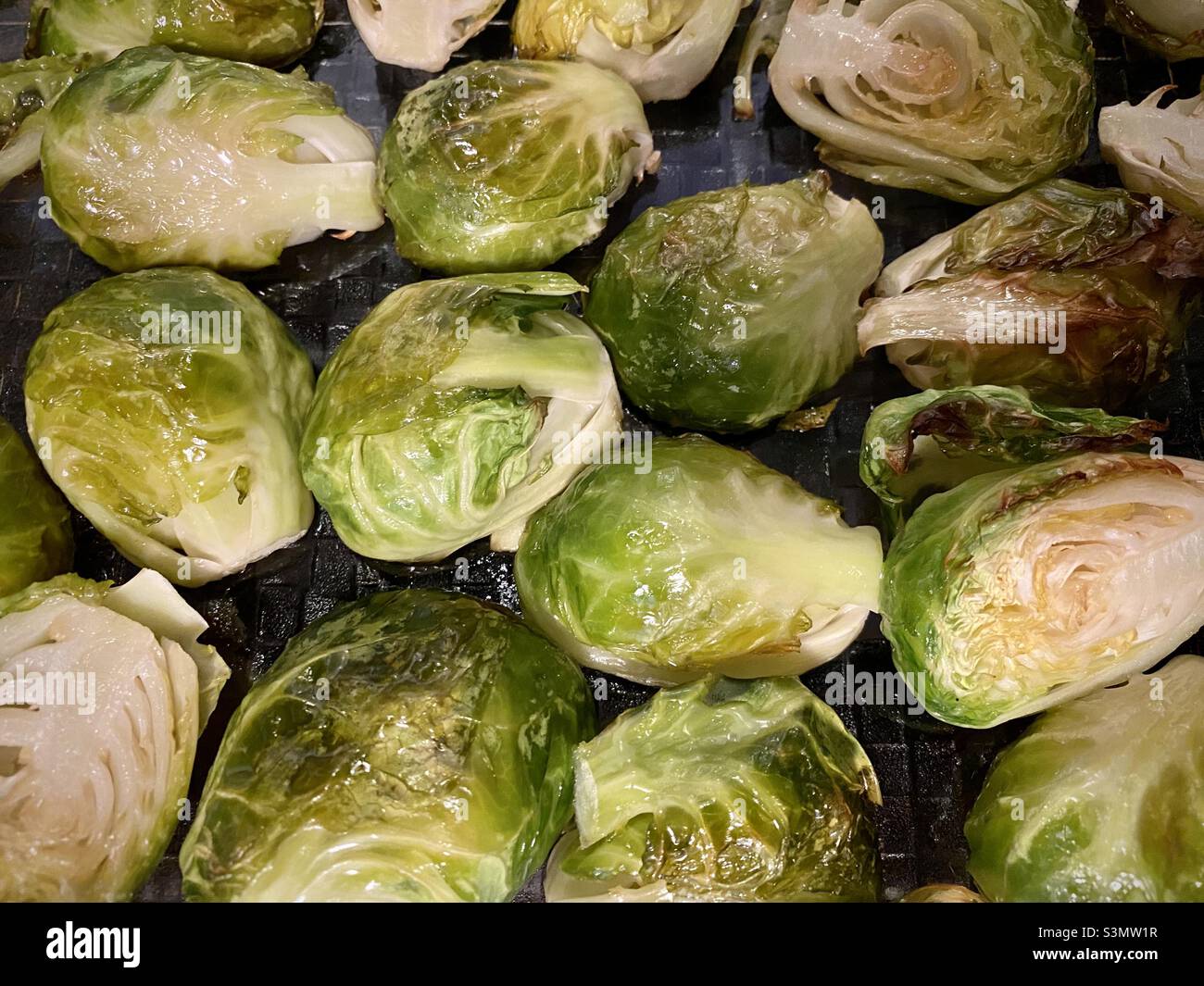 Close up of freshly roasted Brussels sprouts - Smartphone Captured Stock Image