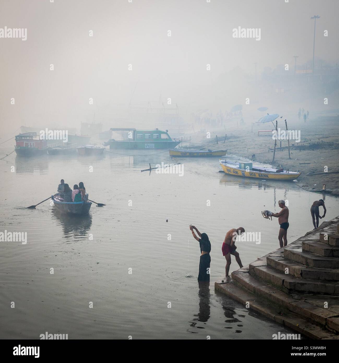 Every morning rituals at river Ganges near Varanasi, India - Smartphone Captured Stock Image