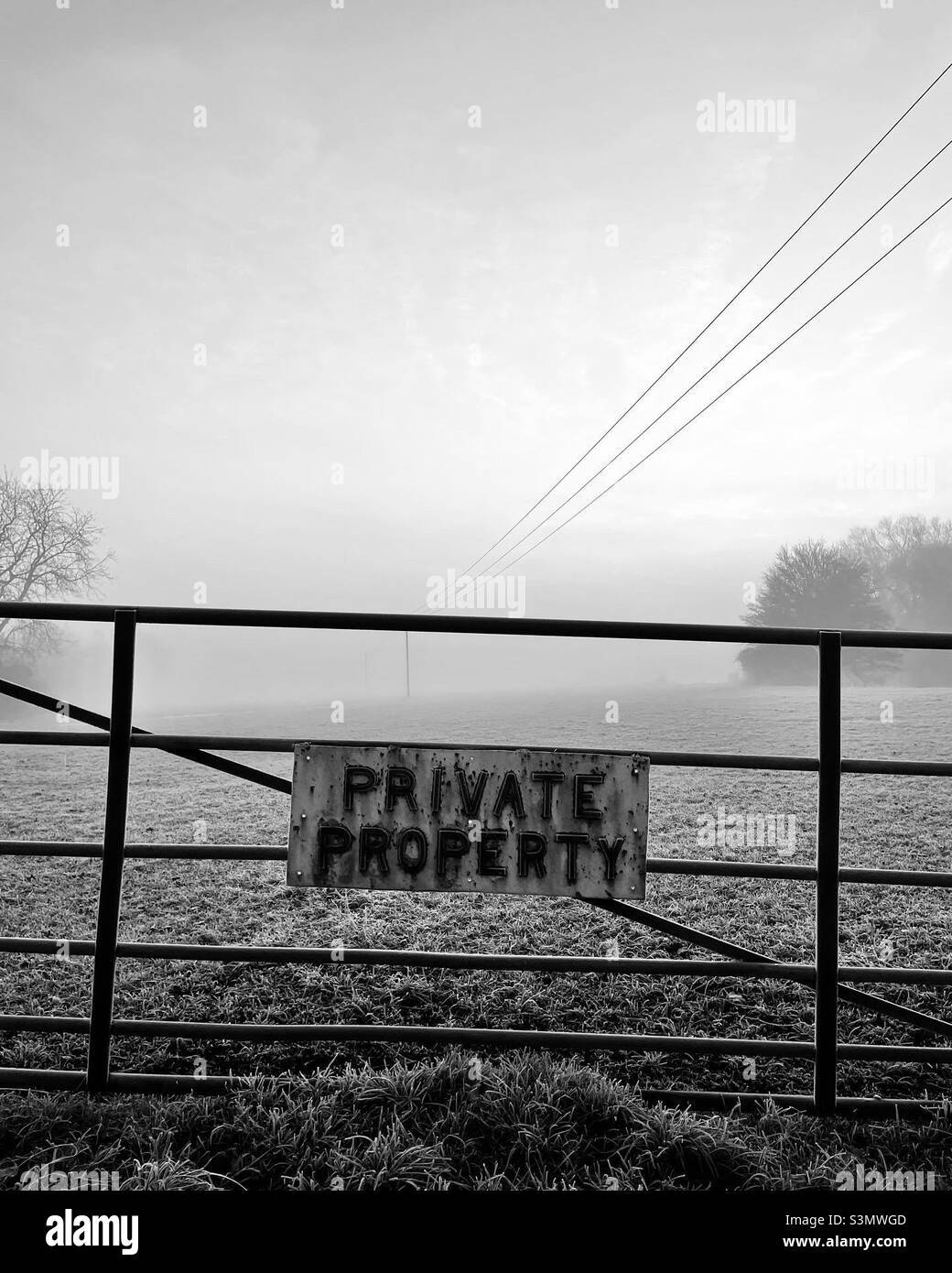 Private Property Sign Icy cold winters morning Uk Cambridgeshire - Smartphone Captured Stock Image