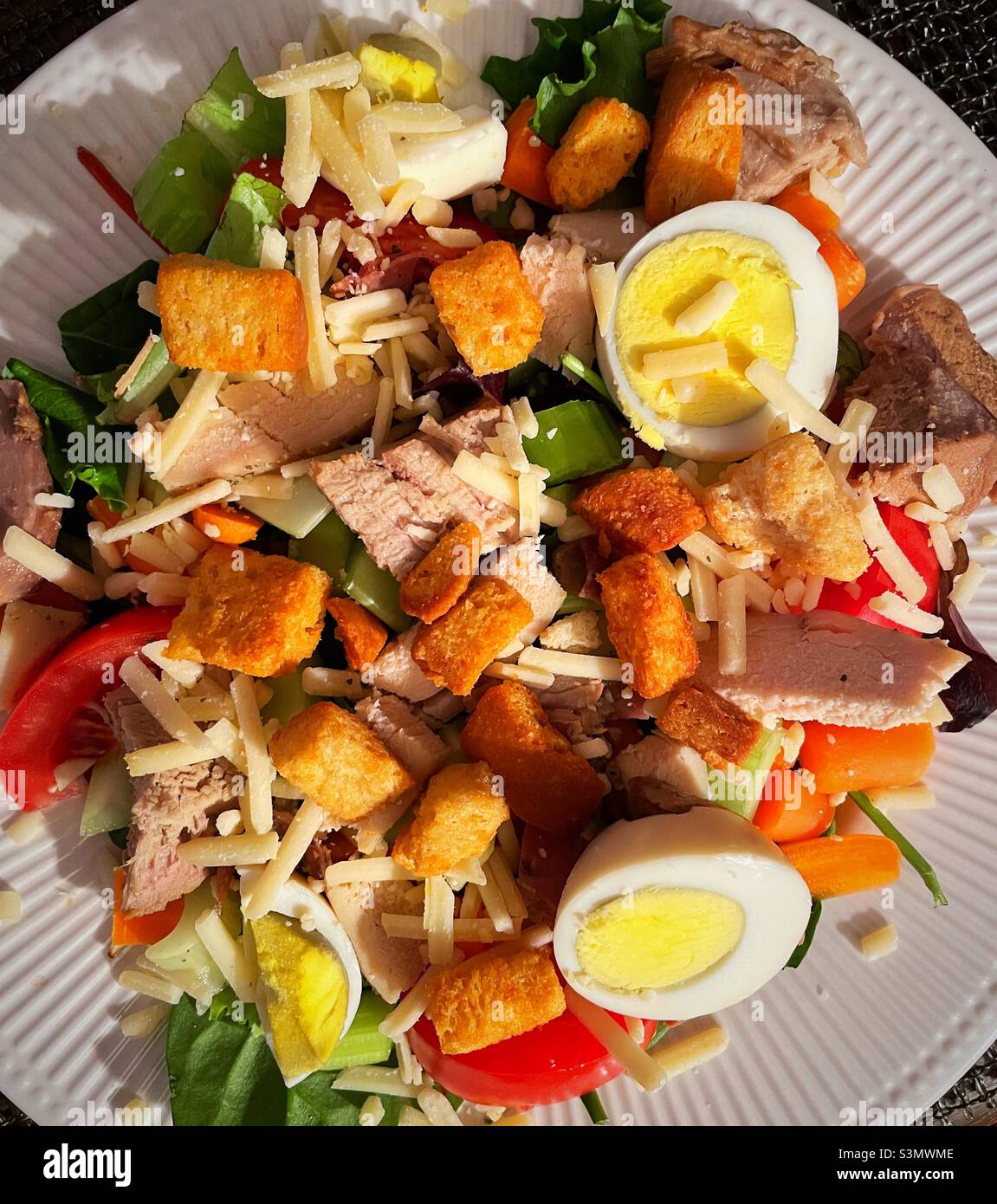 Flat lay of a fabulously delicious Cobb salad, USA - Smartphone Captured Stock Image