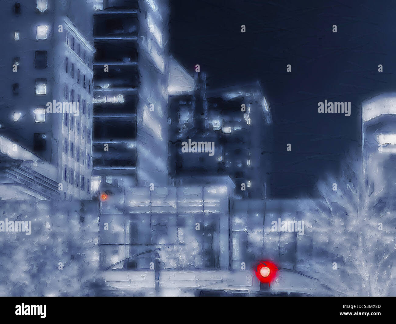 Painterly, abstracted rendition of Main Street in Salt Lake City, Utah, USA at night during the Christmas season. The City Creek bridge crossing over Main St. can be seen. - Smartphone Captured Stock Image