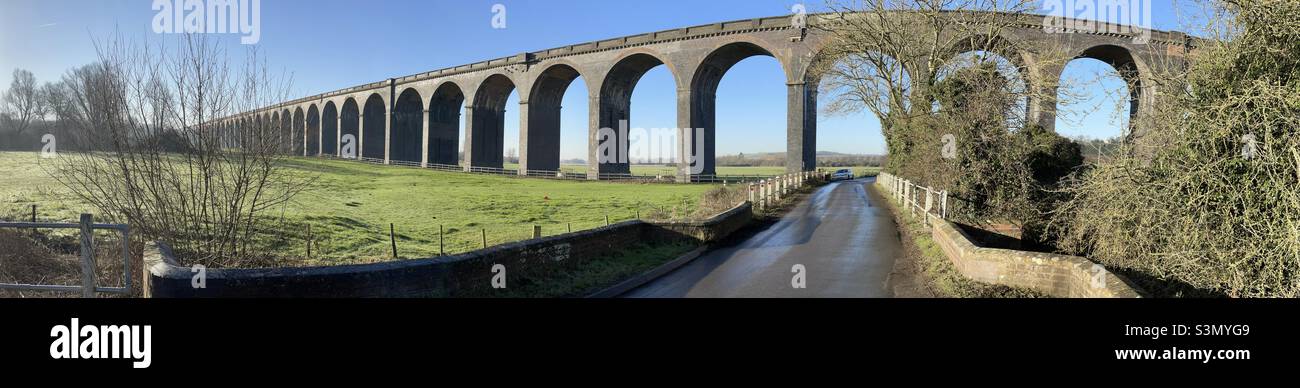 A panoramic view of the Welland viaduct where it crosses Seaton Road in Northamptonshire - Smartphone Captured Stock Image