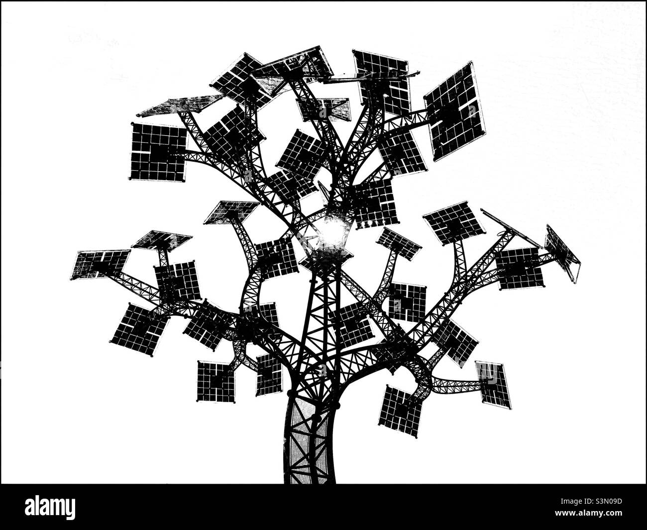 A very high contrast monochrome image of Bristol’s Solar Panel Tree. Renewable resources. Renewable Power. Fossil fuels need to be replaced by renewable energy. We have lots of solar power! Pic ©️ CH. - Smartphone Captured Stock Image