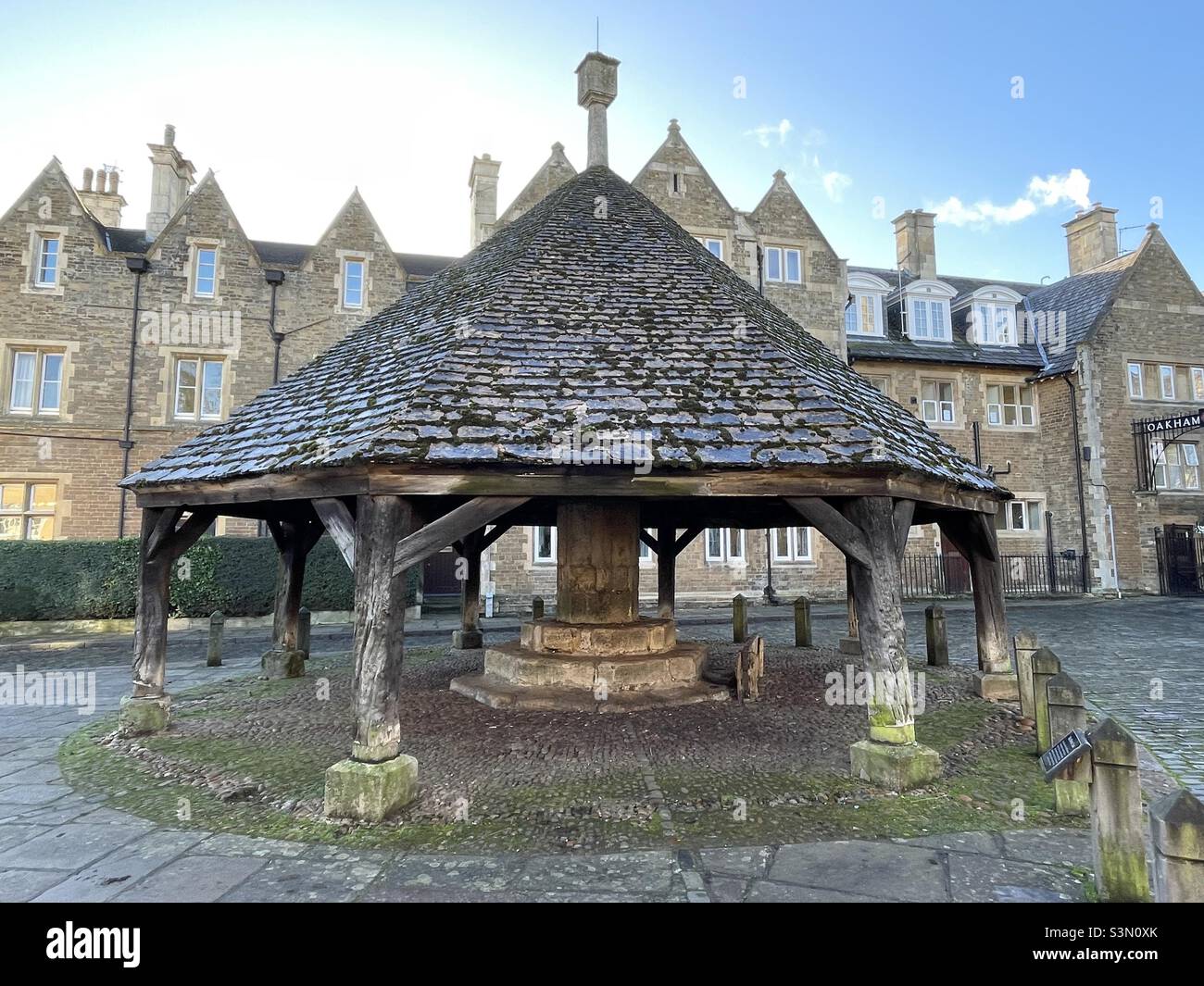 A general view of the old market Hall, known as the Butter Cross in Oakham in Rutland - Smartphone Captured Stock Image
