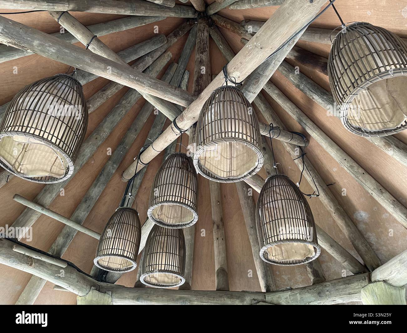Wooden lanterns in a hut Stock Photo