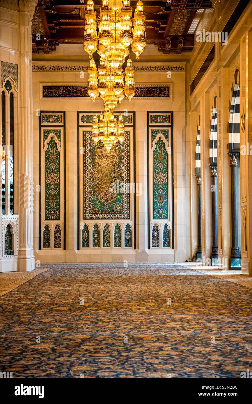 Spiritual peace: the interior of the men prayer area at Sultan Qaboos grand mosque, Muscat, Oman - Smartphone Captured Stock Image