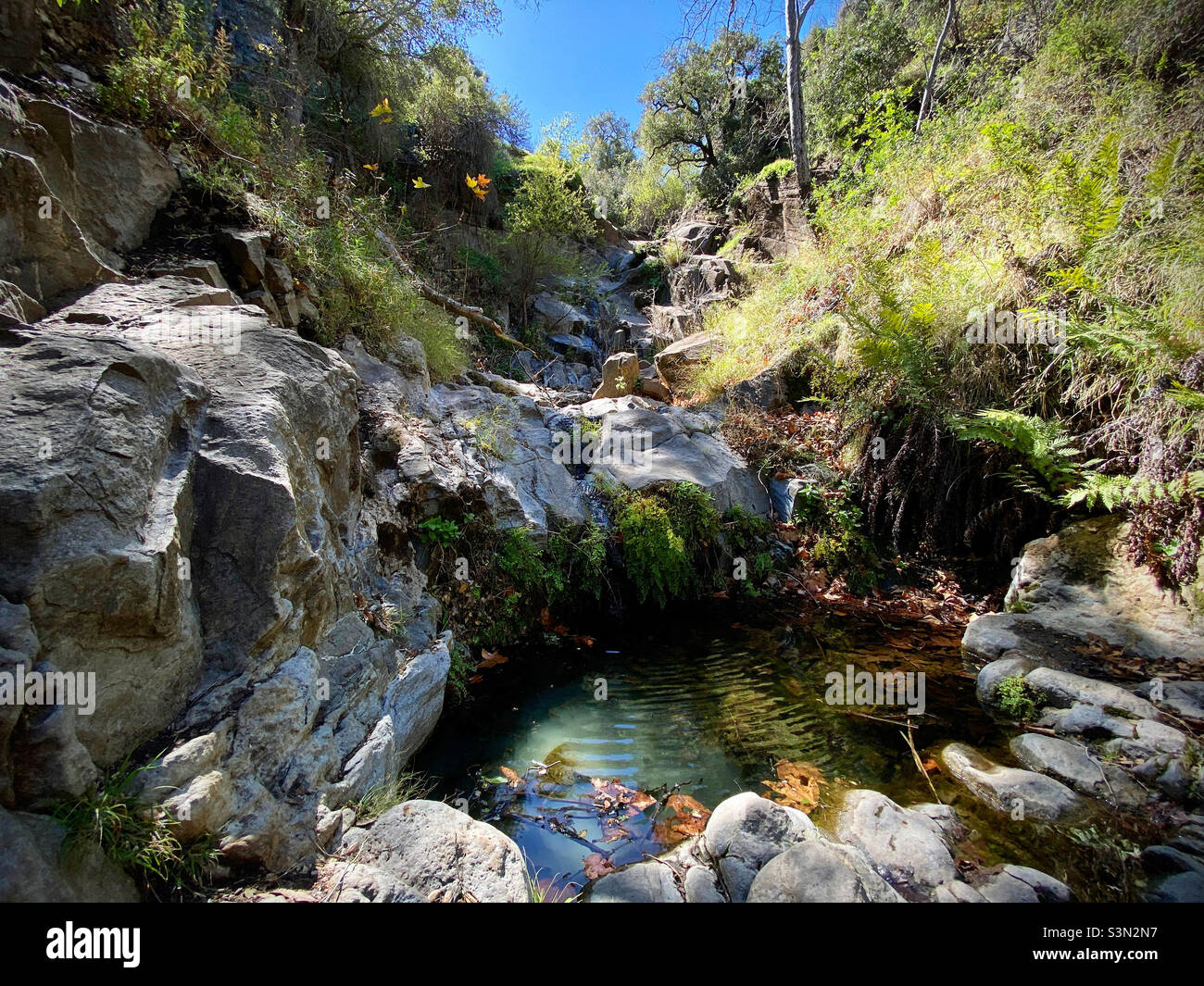 Natural rock pool and stream tumbling over rocks, Santa Monica Mountains, Point Mugu State Park, California - Smartphone Captured Stock Image