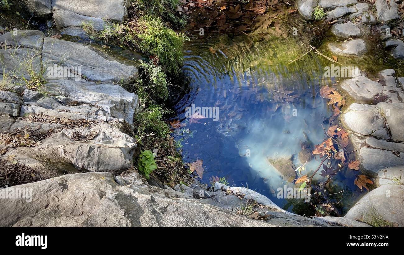 Pool of water reflecting blue sky and clouds, Santa Monica Mountains, Point Mugu State Park, California - Smartphone Captured Stock Image