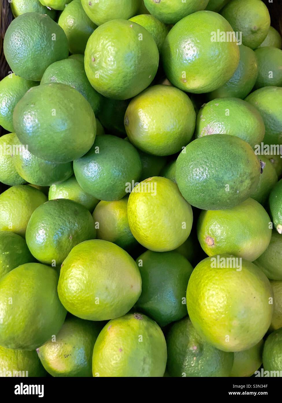 A pile of lime fruit on sale in a Worcestershire farm shop - Smartphone Captured Stock Image