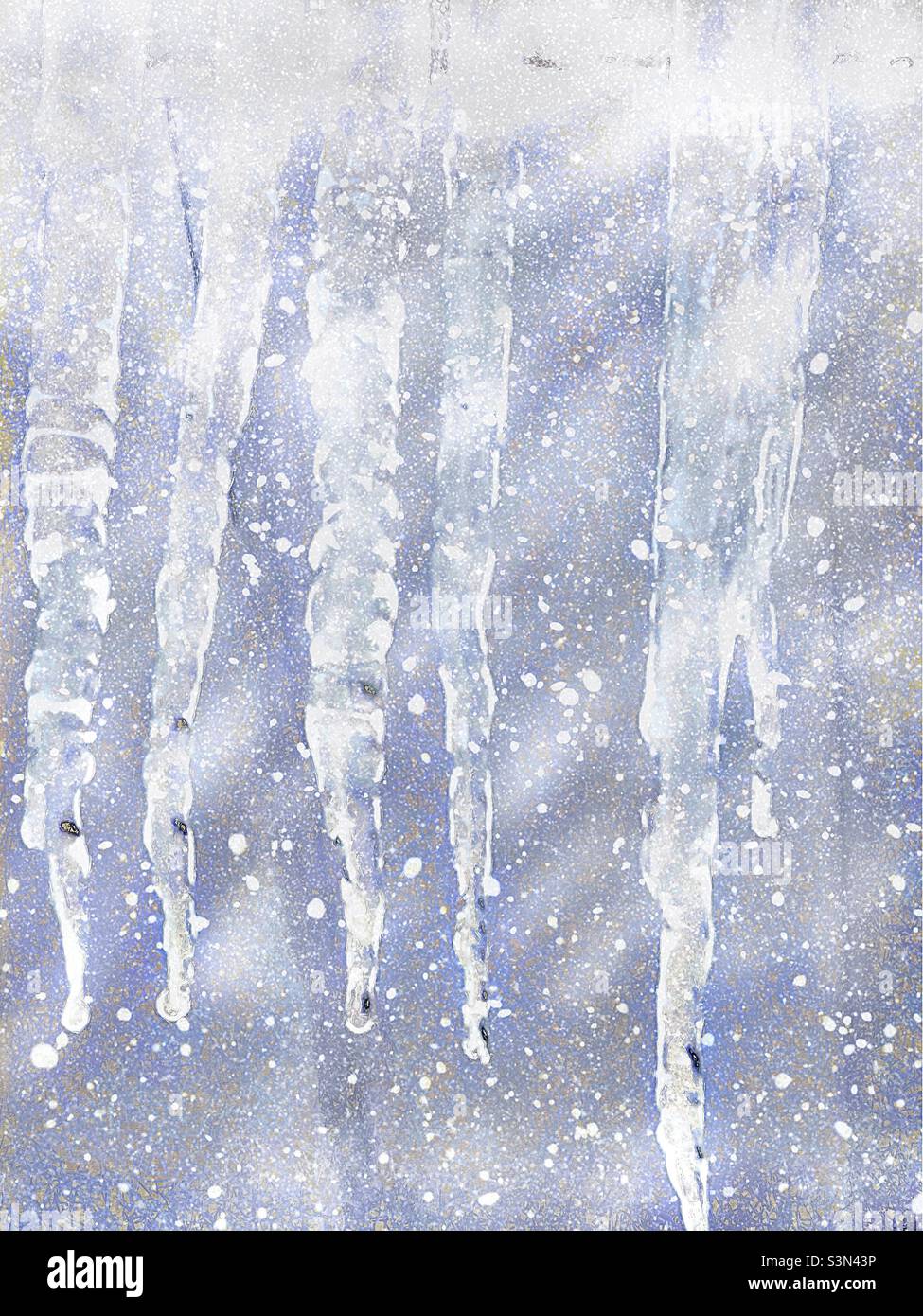 Icicles hanging from a house in Utah, USA in December 2021. Blizzard effects and cool color hue added digitally. - Smartphone Captured Stock Image