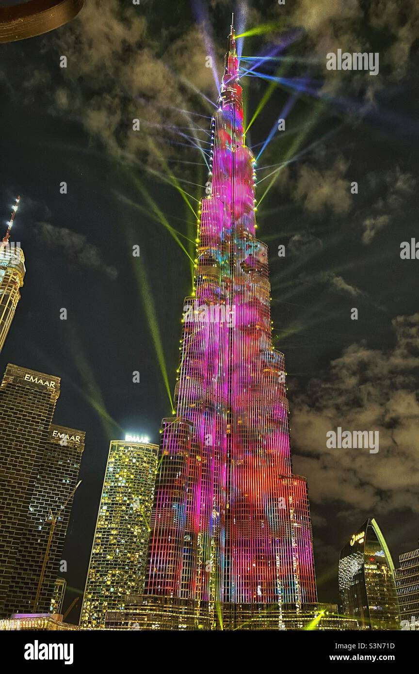 Burj Khalifa in Dubai UAE lit up at night - Smartphone Captured Stock Image