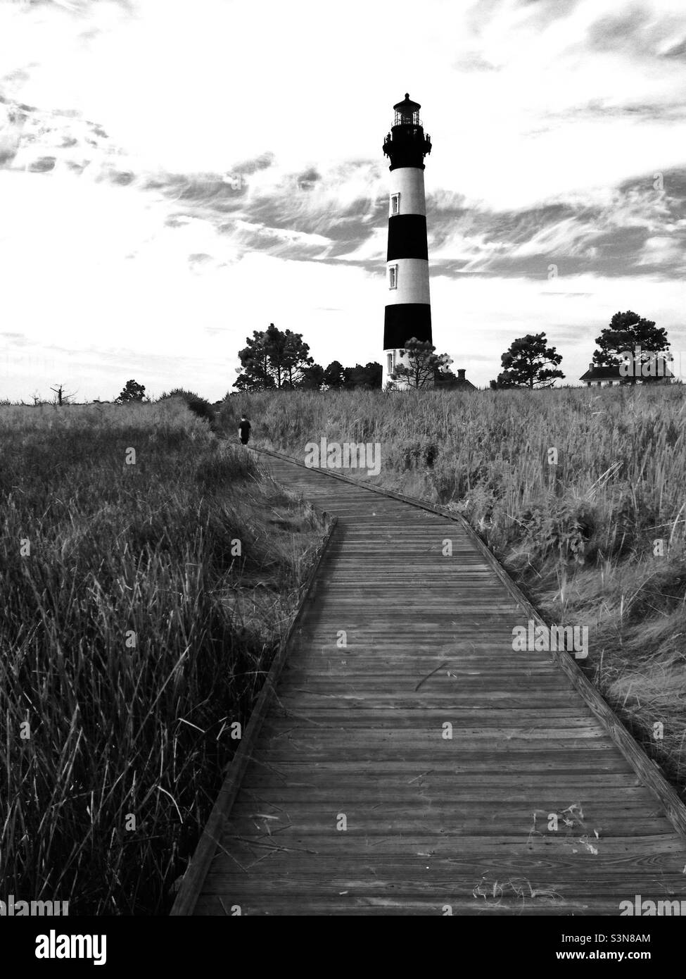 Bodie Lighthouse walkway in Black and White. - Smartphone Captured Stock Image