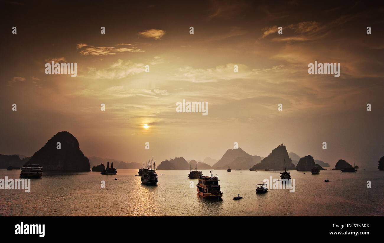 Ha Long Bay at sunset in North West Vietnam - Smartphone Captured Stock Image