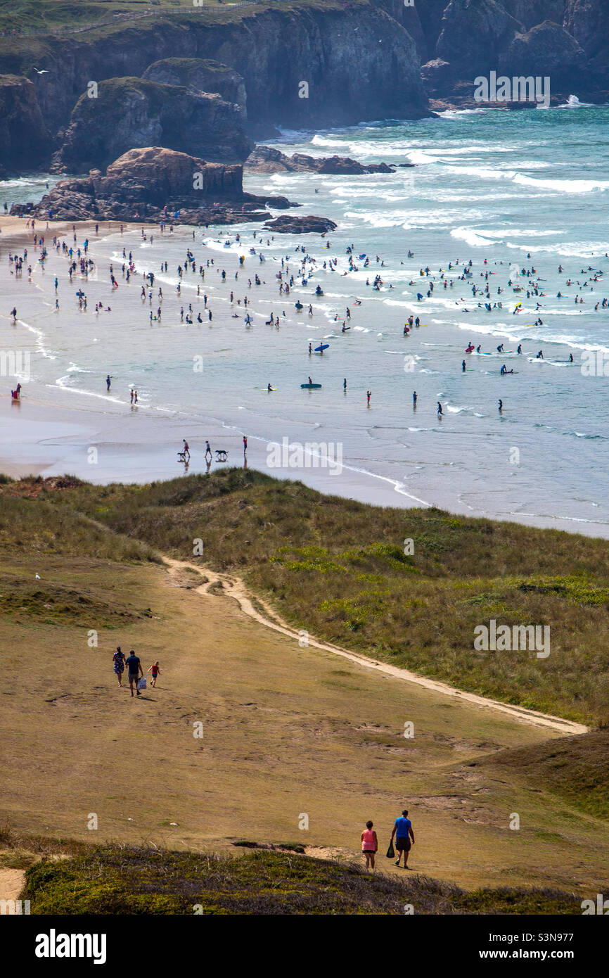 Coastal view over Perranporth beach and sea in Cornwall Stock Photo